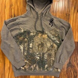 Browning Hoodie Mens Medium Gray Realtree Camo Pocket Pullover Buckmark Logo